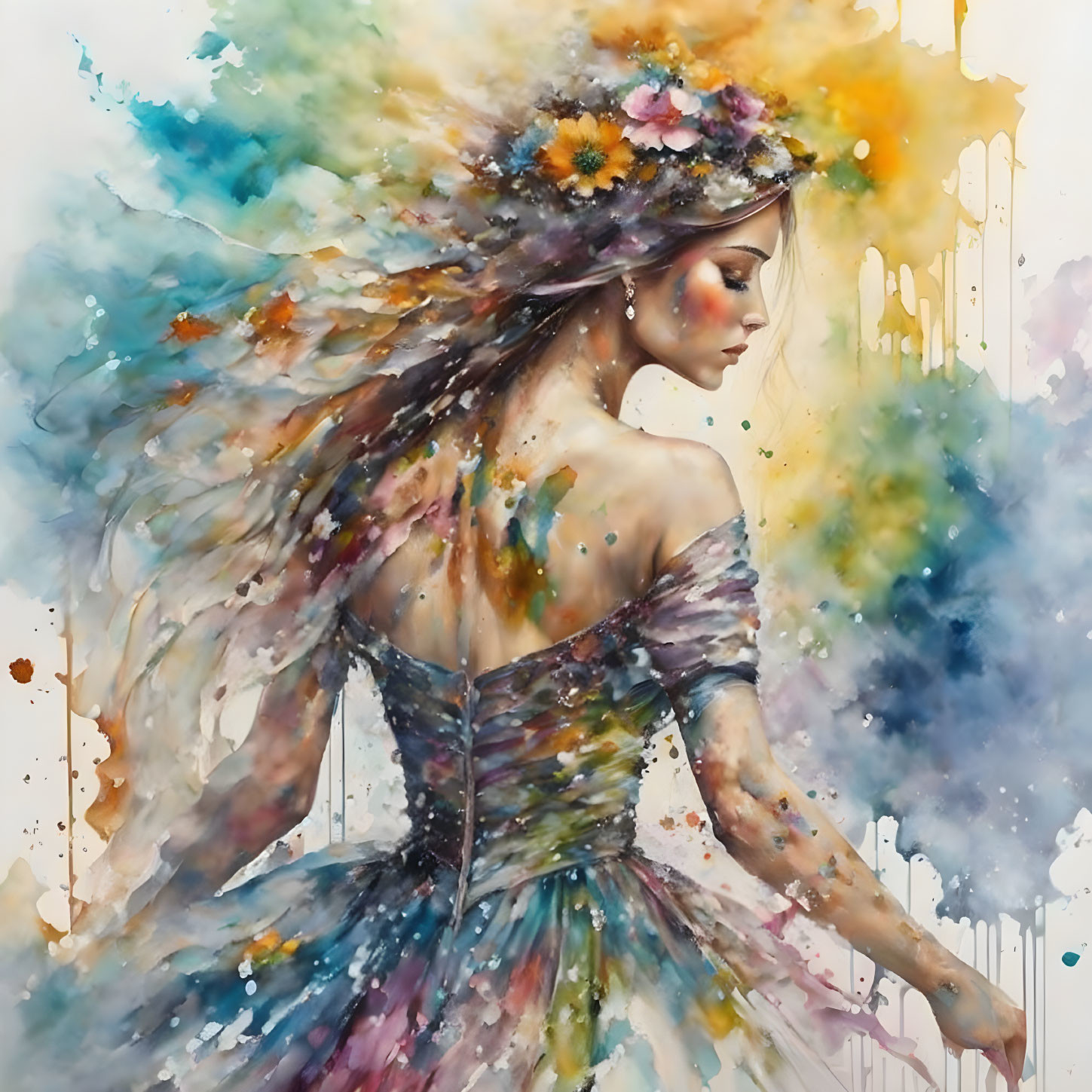 Watercolor painting: Woman with floral wreath and abstract dress.