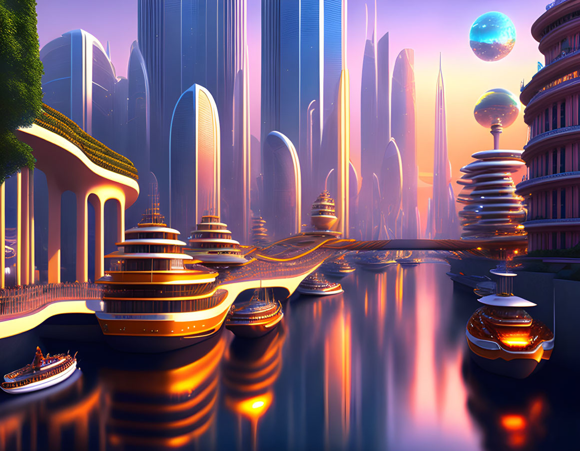 Futuristic cityscape at sunset with advanced architecture and flying vehicles