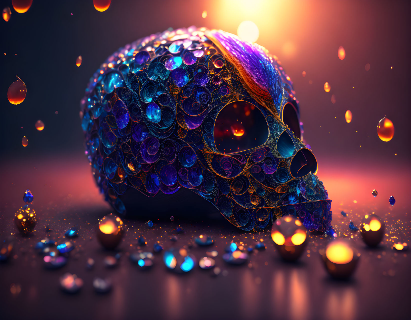 Intricate Blue and Purple Patterned Skull with Glowing Drops on Warm Bokeh Background