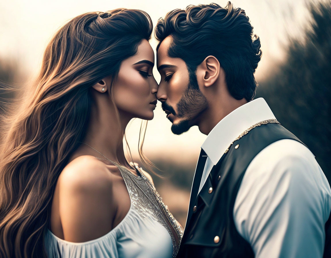 Elegant couple in stylish attire with romantic atmosphere.