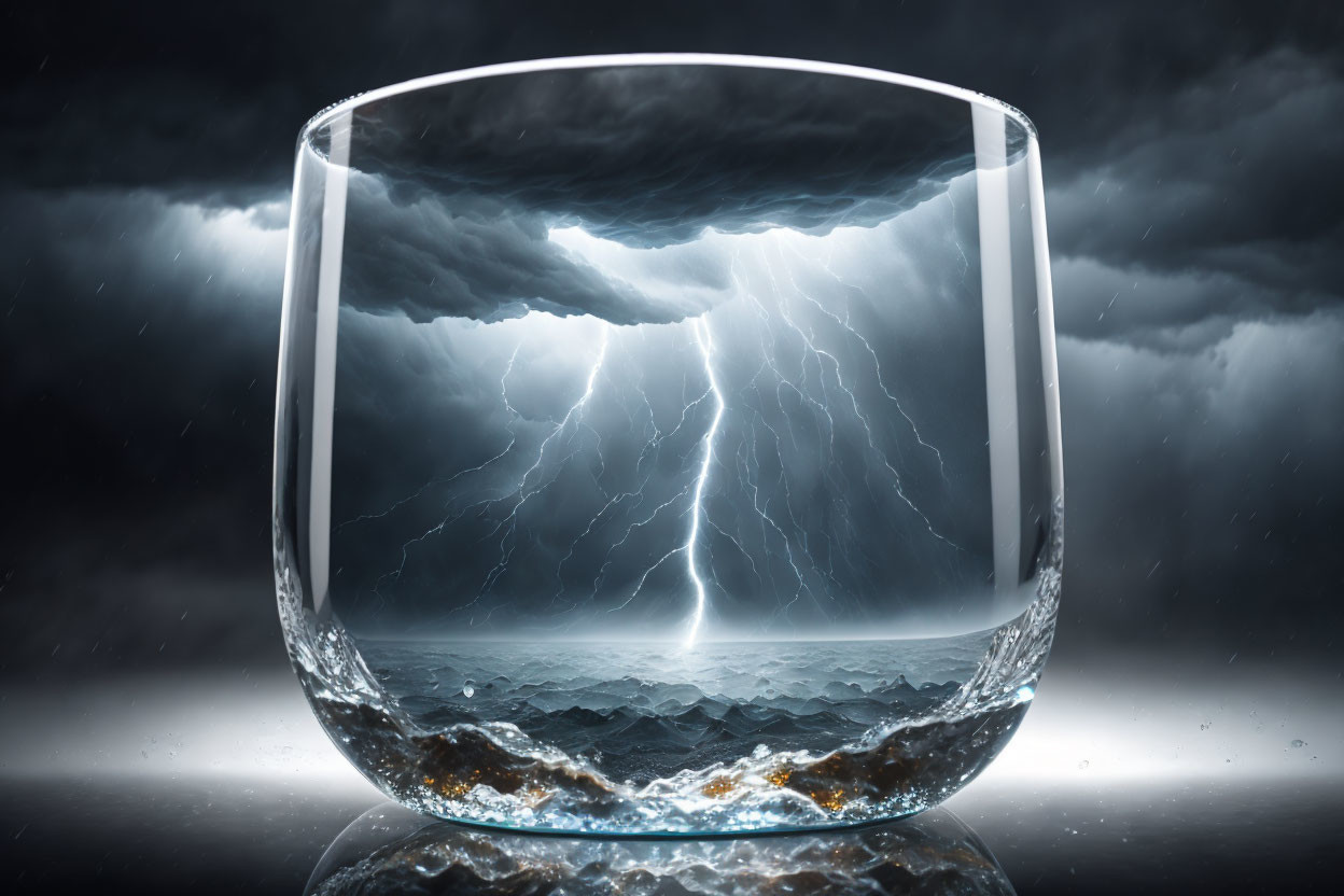 Transparent Glass Captures Tumultuous Ocean Scene with Lightning Storm