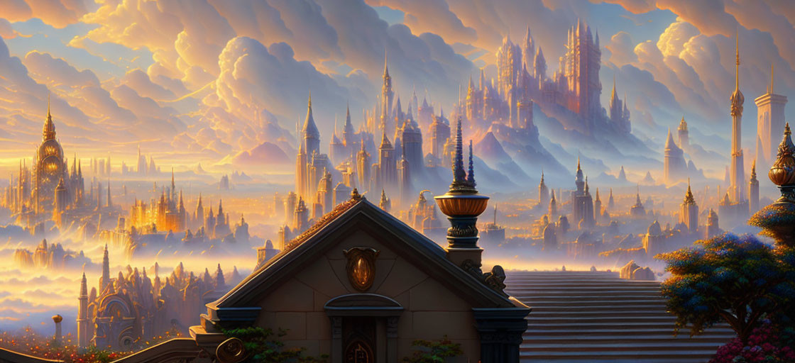 Fantasy cityscape with towering spires under dramatic cloudy sky