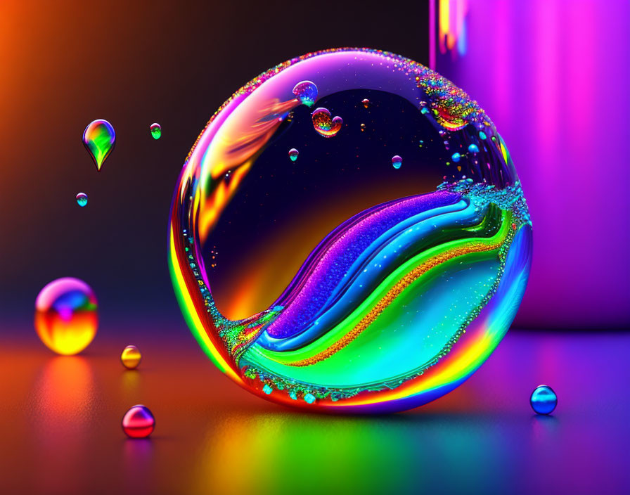 Colorful iridescent soap bubble on dark background