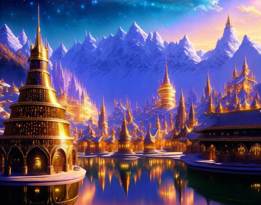 Majestic golden-lit castles and spires in a fantasy landscape