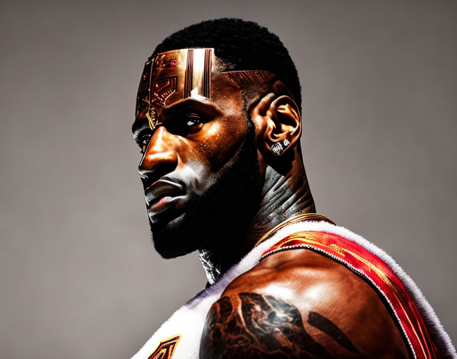 Muscular man in basketball jersey with crown headband and tattoos.