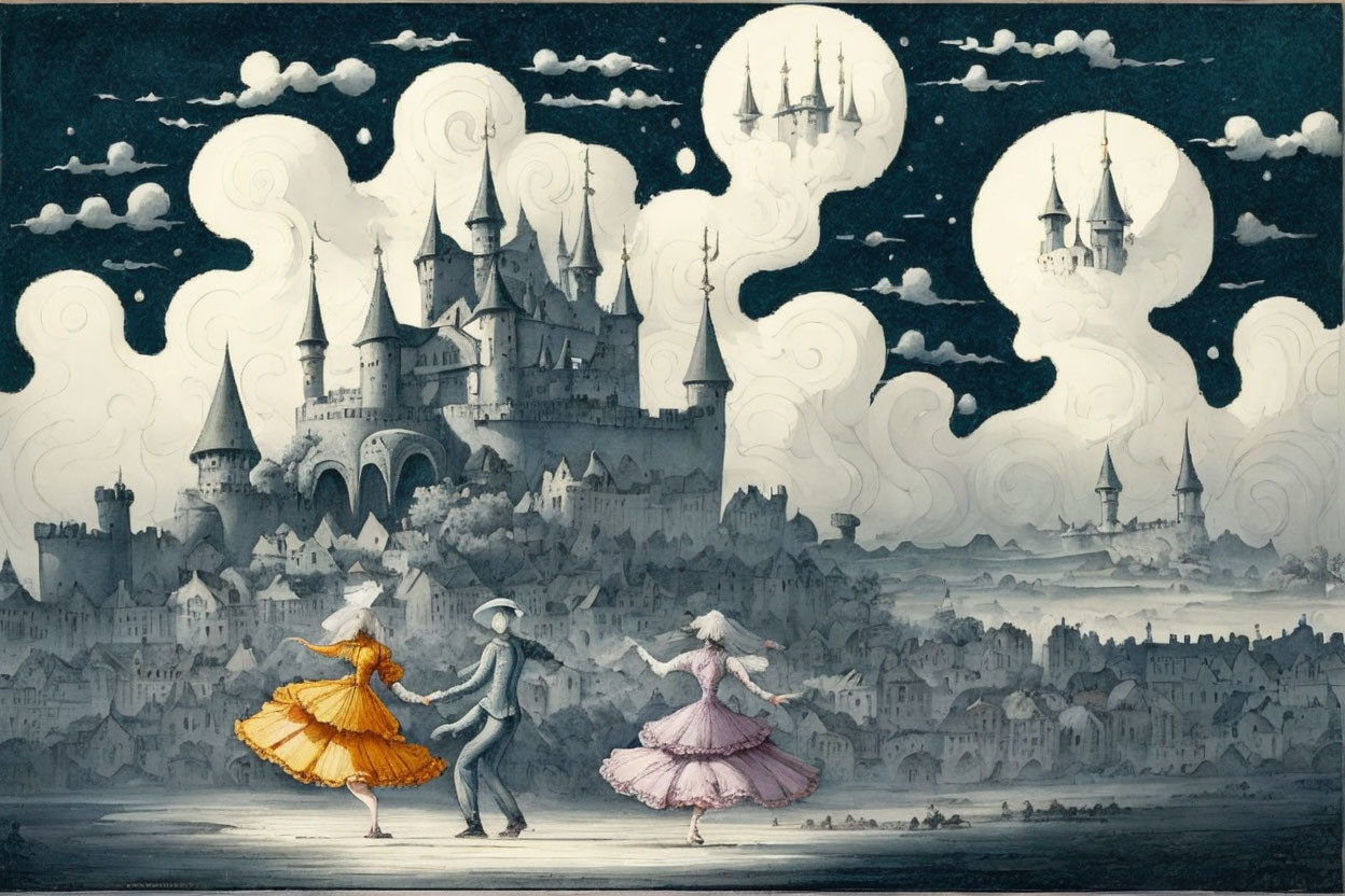 Illustration of two people dancing on stage with whimsical castle backdrop