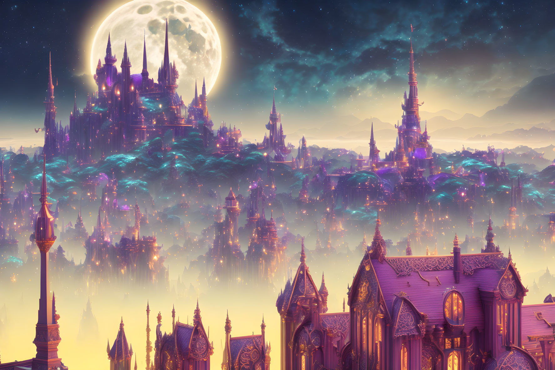 Fantasy cityscape with spired buildings under a large moon and floating islands in a purple sky