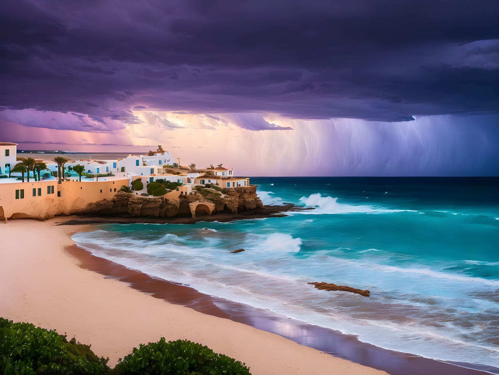 Scenic coastal view with white buildings, sandy beach, turquoise sea, and stormy sky.