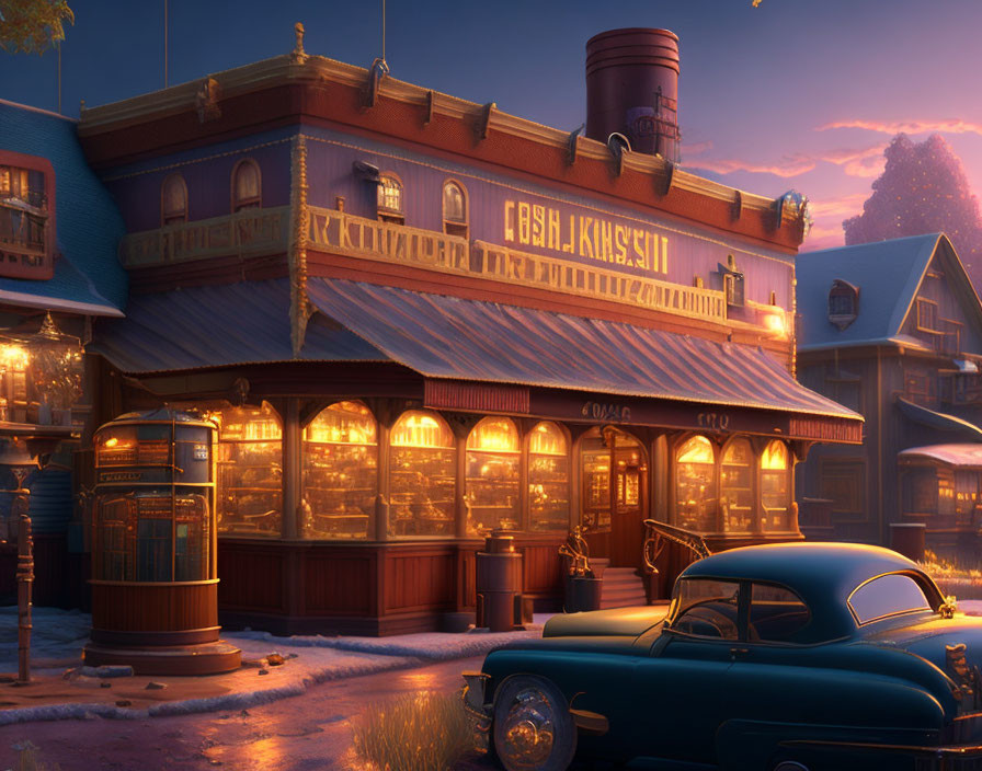 Vintage street at twilight with classic diner, snow, and retro car.