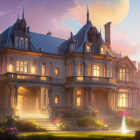 Luxurious mansion at twilight with warm lights, serene garden, fountain, large moon.