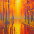 Tranquil autumn forest scene with golden-orange trees and calm waterway