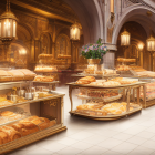 Elegant bakery interior with glass display cases of fresh bread and pastries