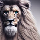 Detailed digital illustration of majestic lion with piercing blue eyes and tribal-like markings