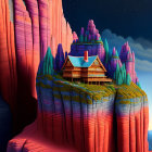 Victorian-style house on red rock cliff at twilight