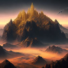 Majestic mountain peaks and golden landscape with soaring bird