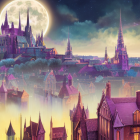 Fantasy cityscape with spired buildings under a large moon and floating islands in a purple sky