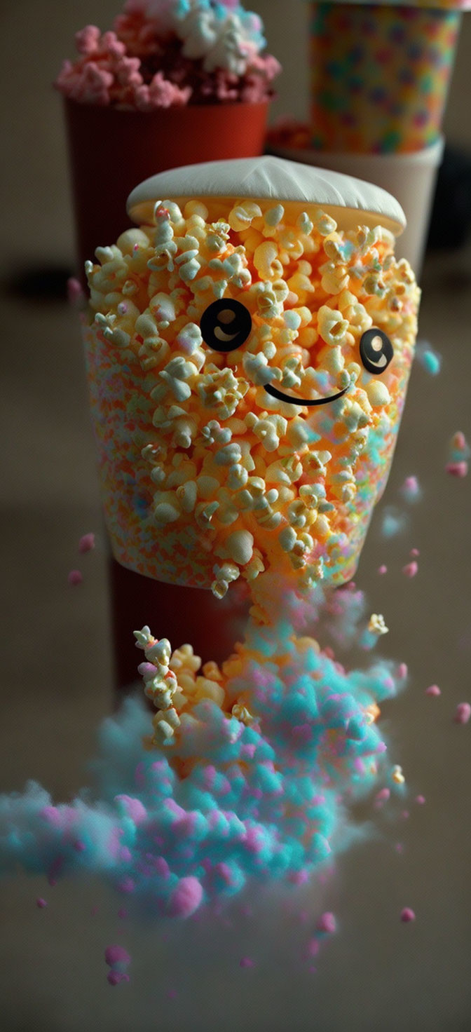 Colorful Popcorn Overflowing Cup with Cute Face Illustration