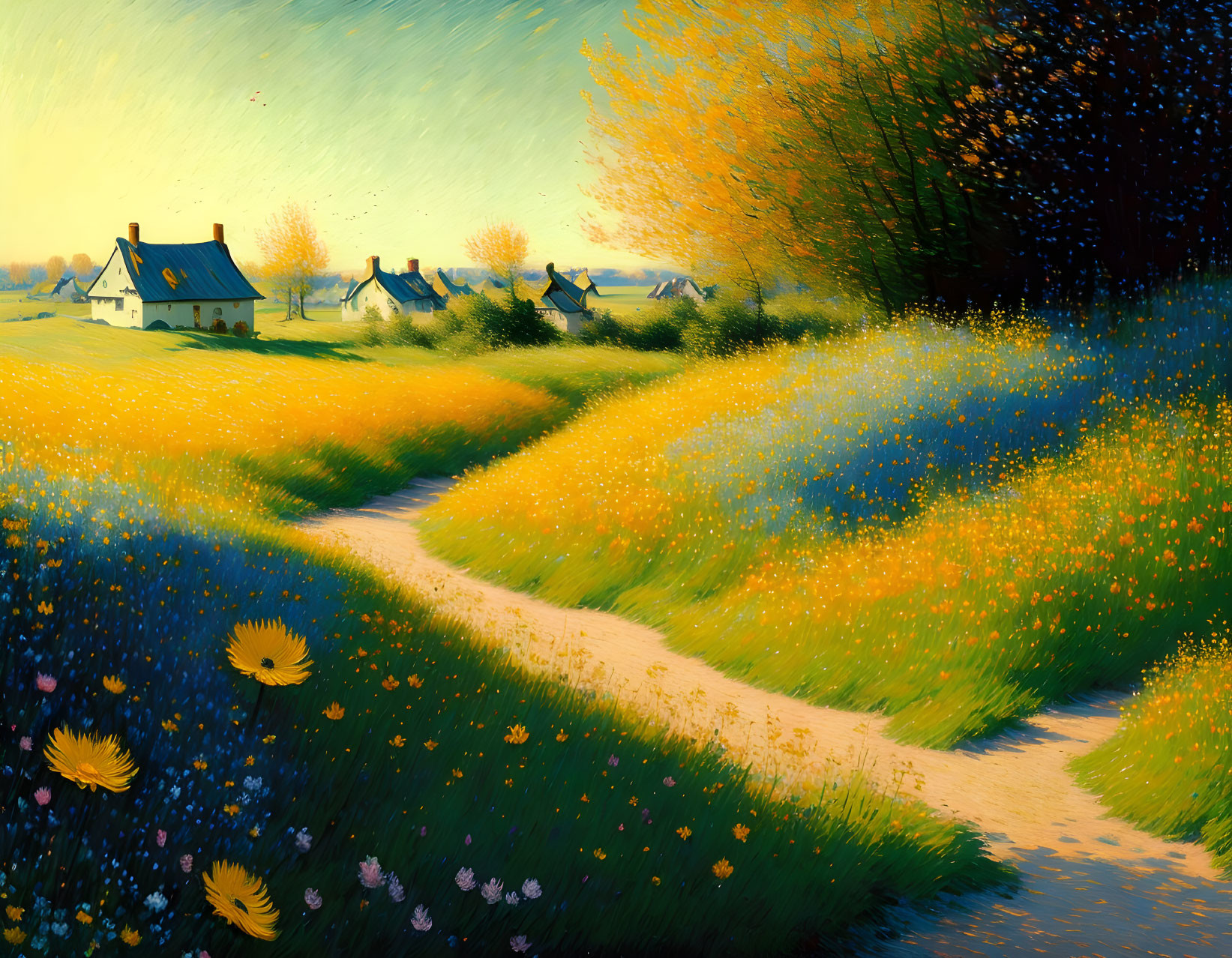 Vibrant rural landscape painting with winding path and cottages at sunset