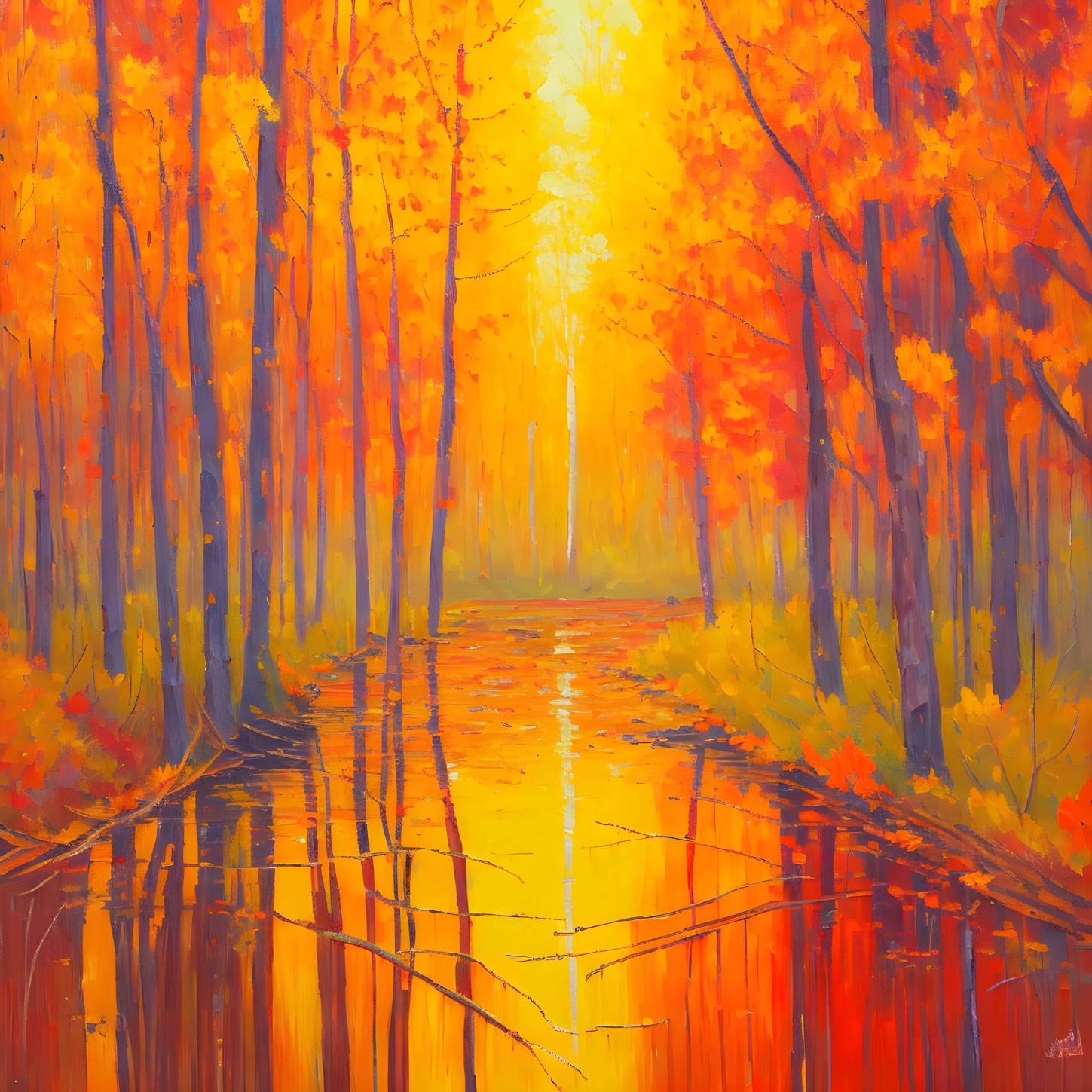 Tranquil autumn forest scene with golden-orange trees and calm waterway