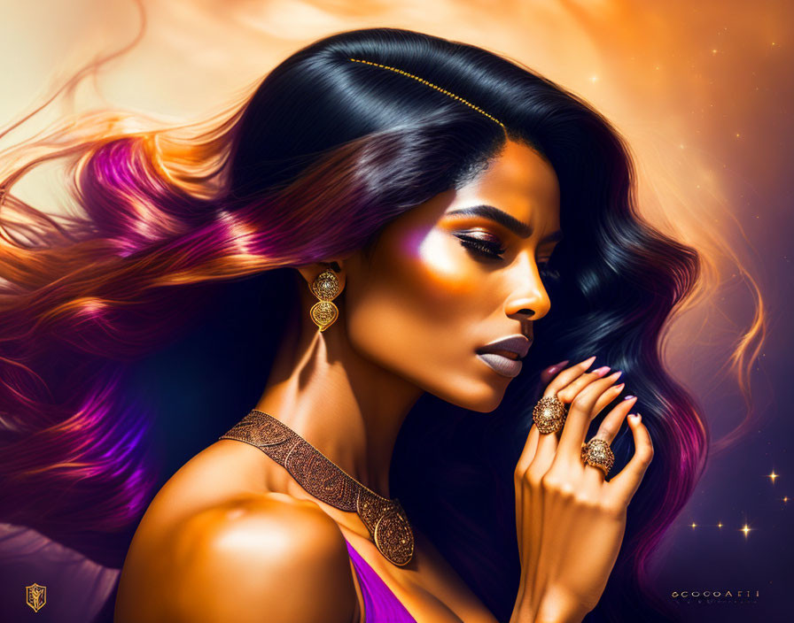 Vibrant digital artwork of woman with colorful hair and gold jewelry