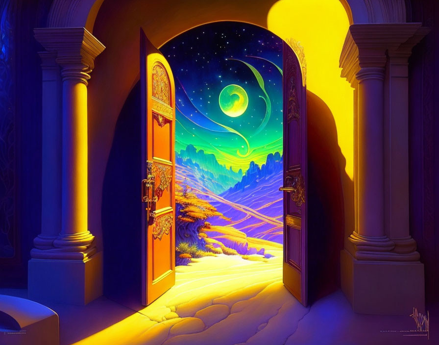 Red door opens to magical night landscape with starry sky and crescent moon.