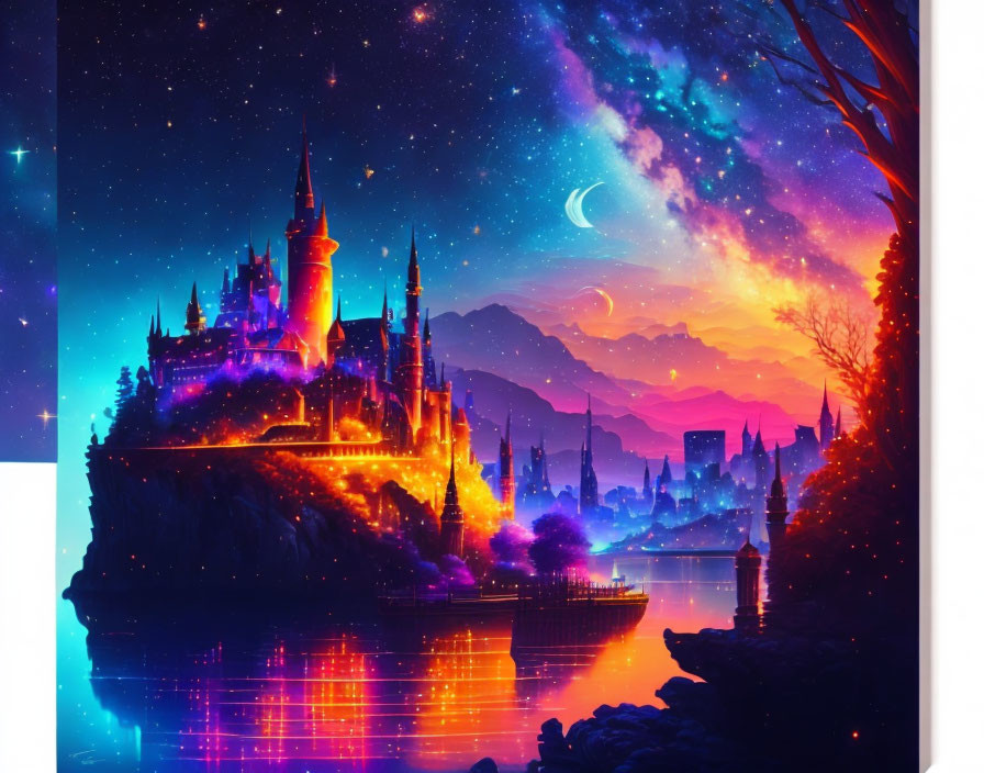 Vibrant digital artwork: Magical castle by lake at night