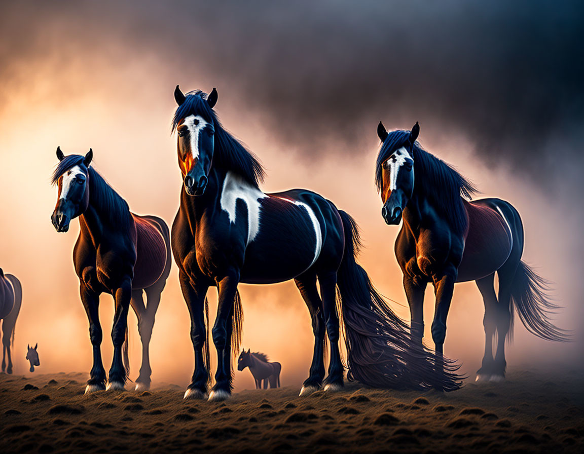 Majestic horses with flowing manes on misty background