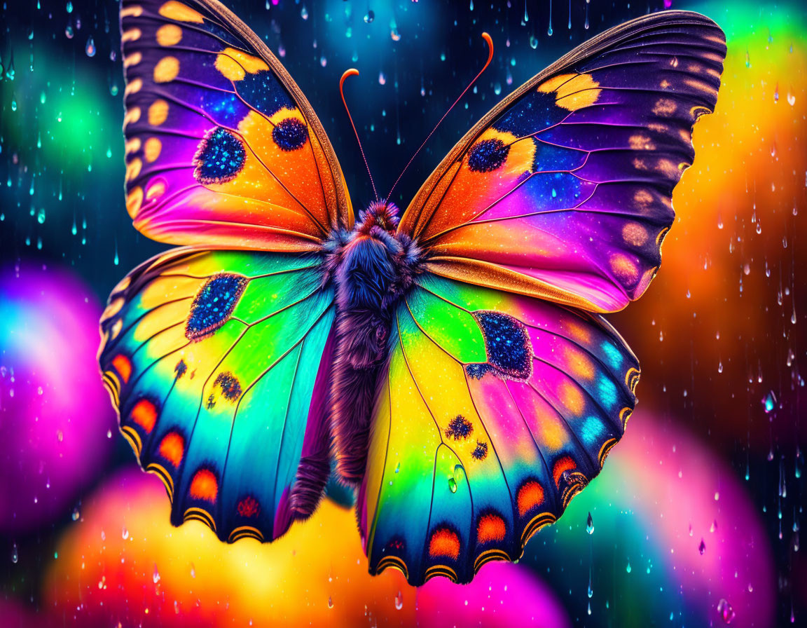 Colorful Butterfly Close-Up with Multicolored Raindrops