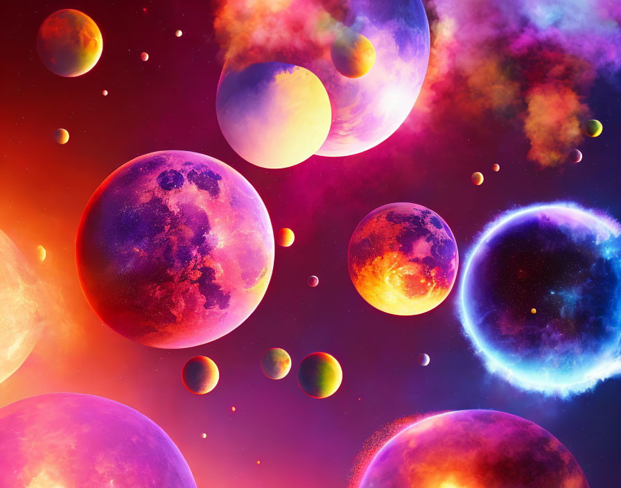 Colorful Planets and Stars in Vibrant Cosmic Scene