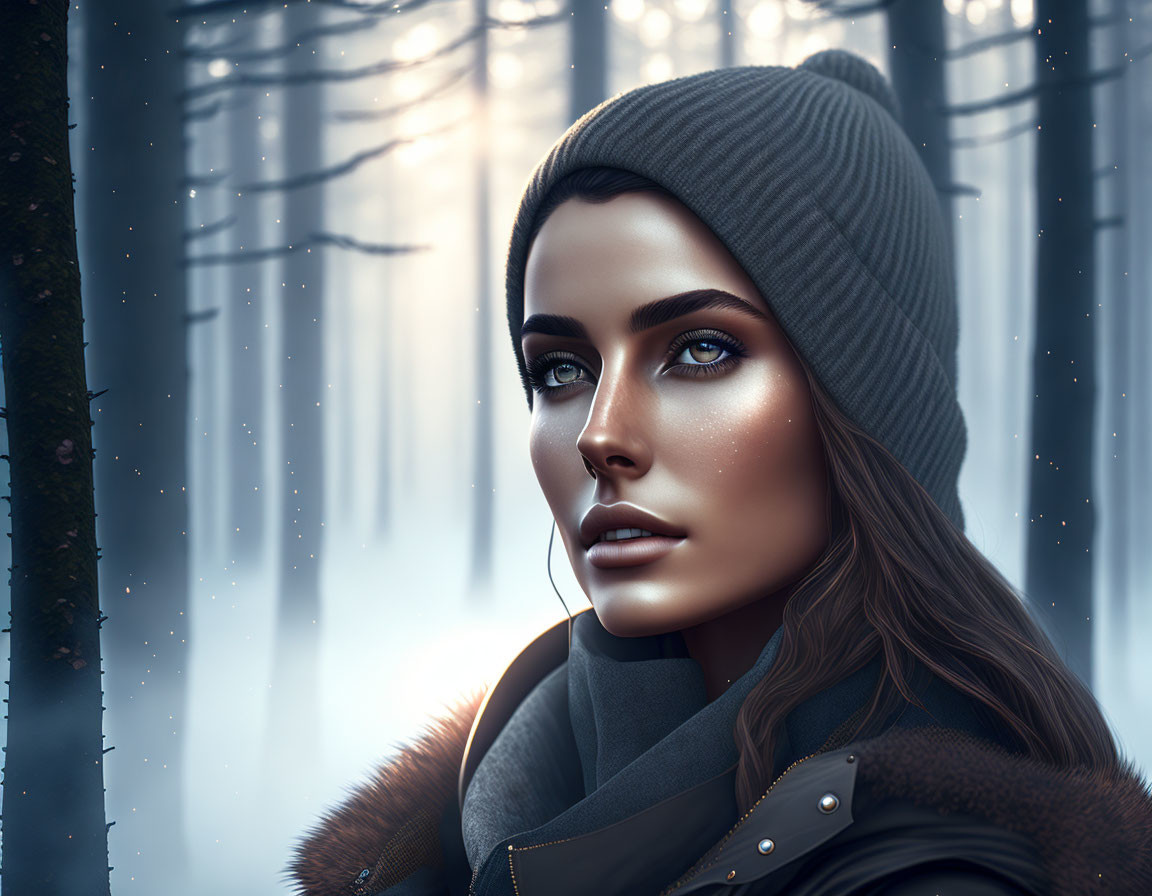 Digital Portrait of Woman with Striking Eyes and Brown Hair in Snowy Forest