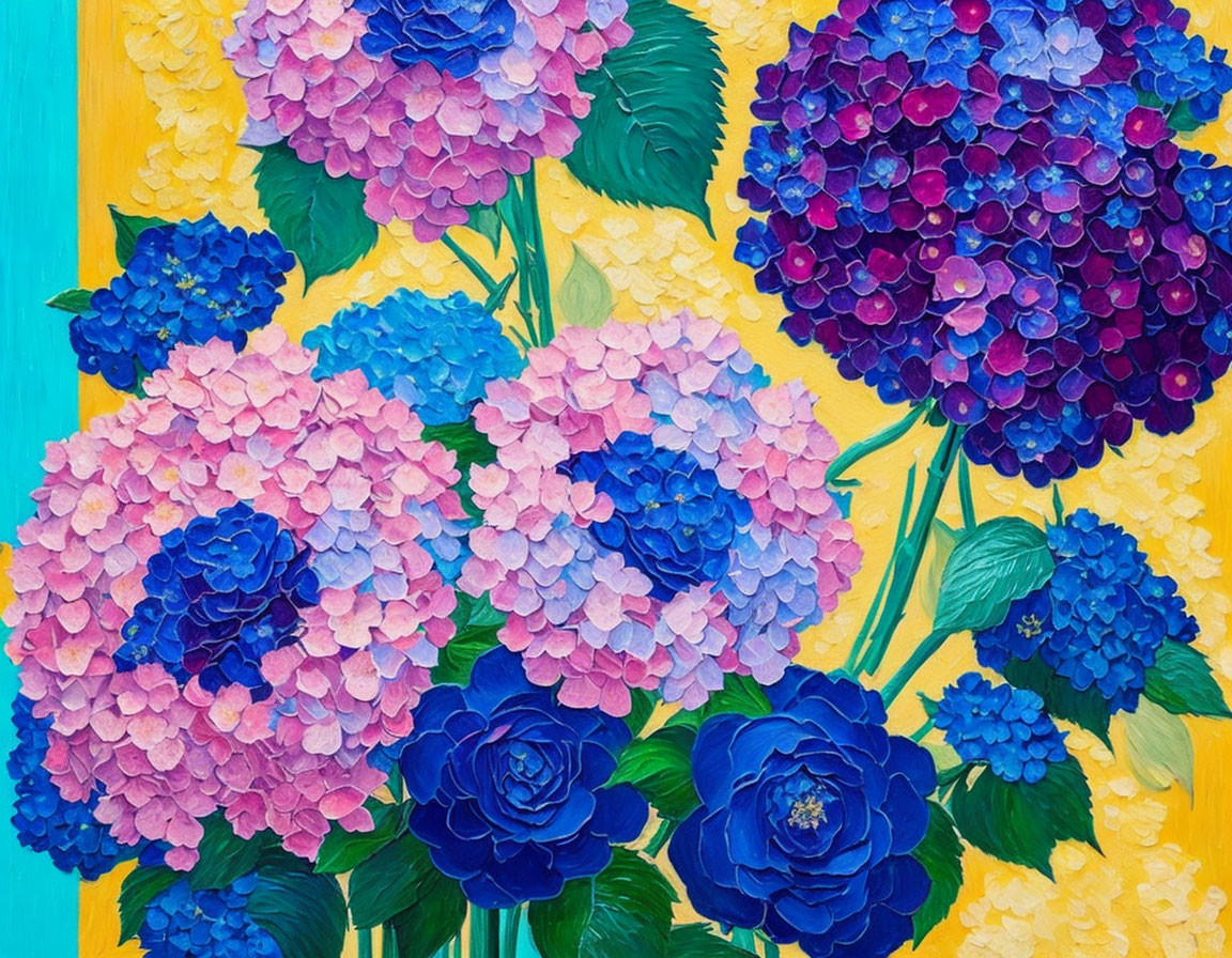 Colorful Hydrangeas and Roses on Textured Yellow and Blue Background