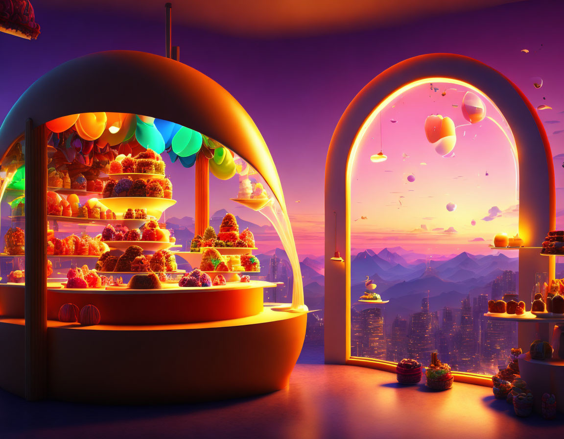 Colorful cakes in futuristic city with sunset view