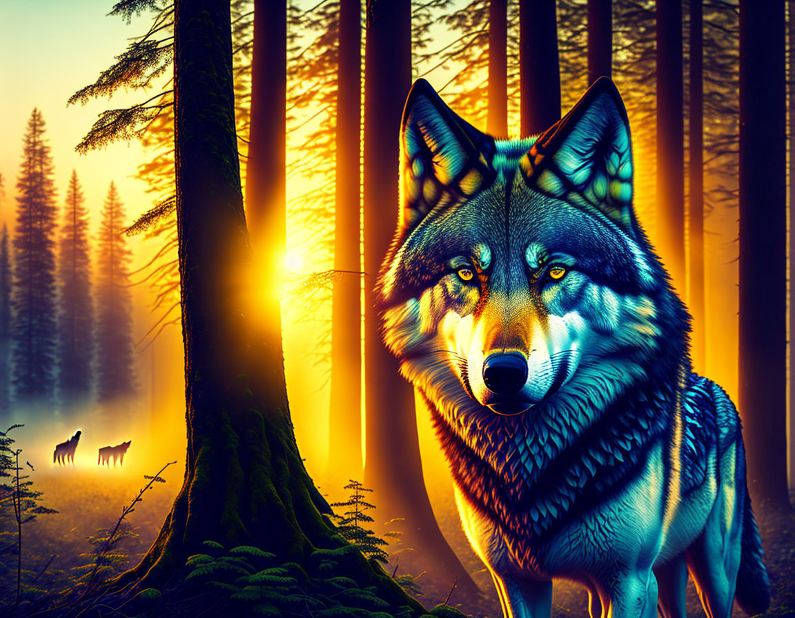 Detailed Wolf Illustration in Mystical Forest at Sunset