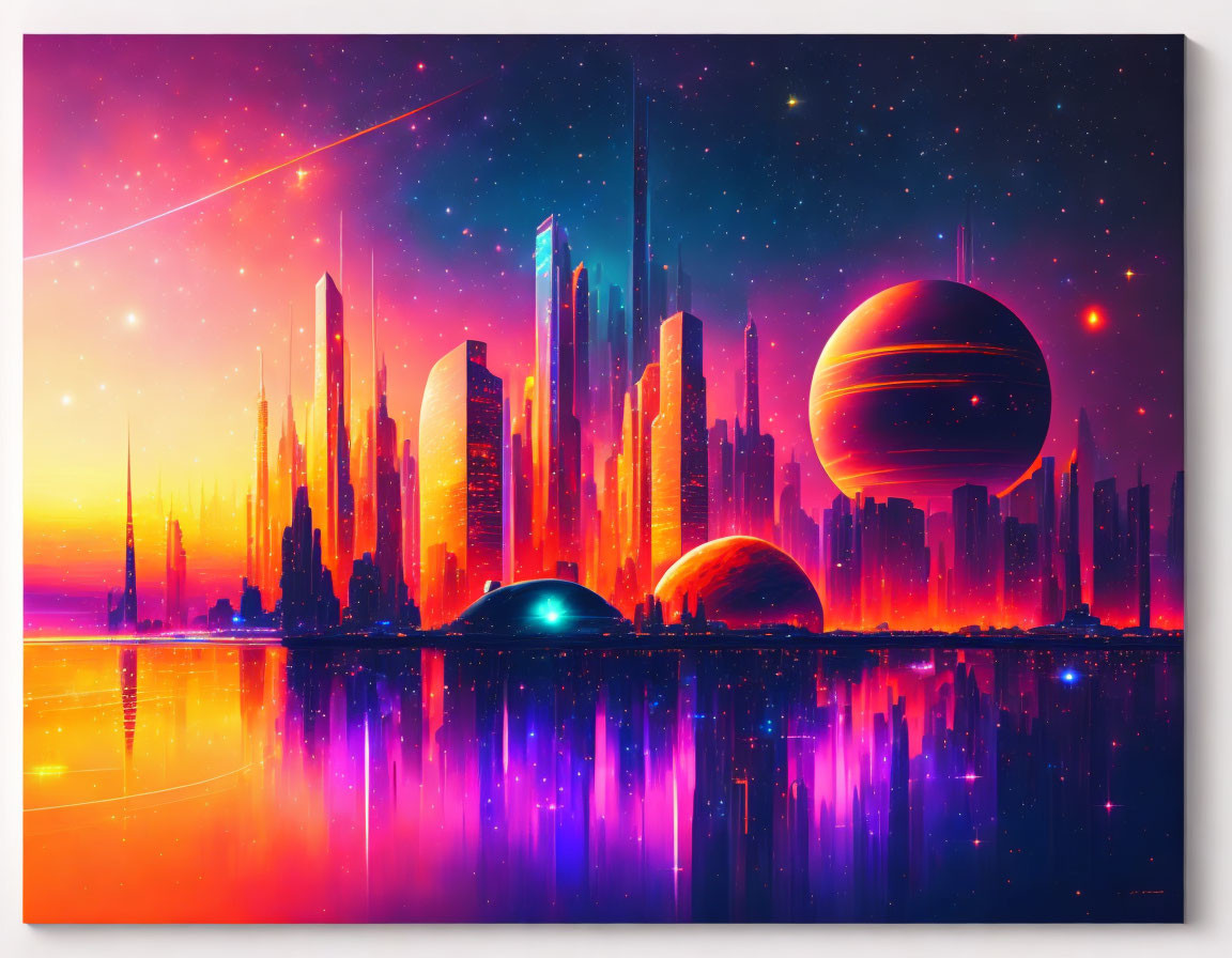 Vibrant futuristic cityscape with celestial bodies and skyscrapers