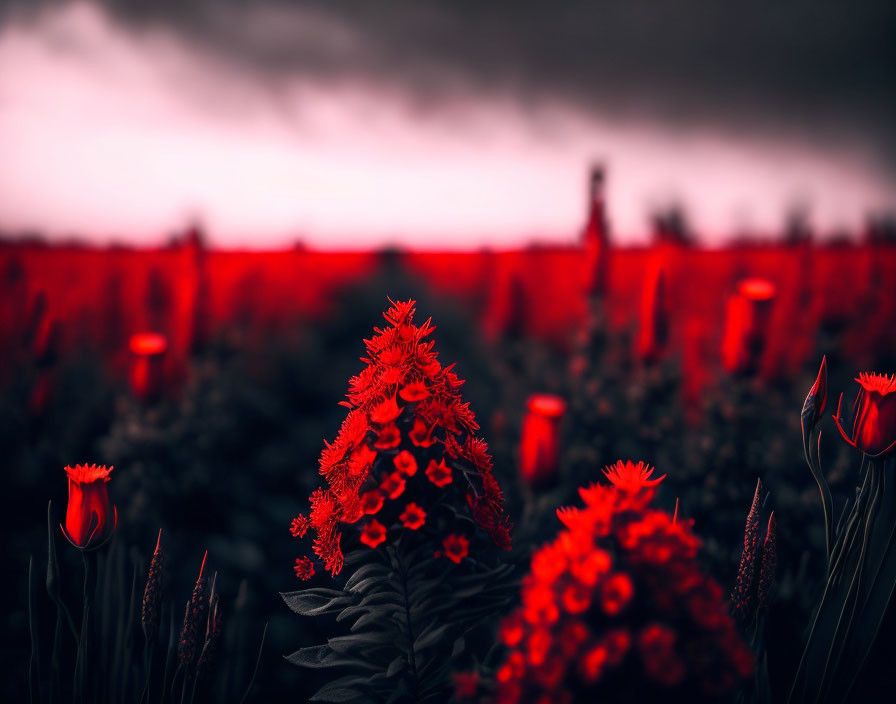 Moody field with vibrant red flowers under dramatic dark sky