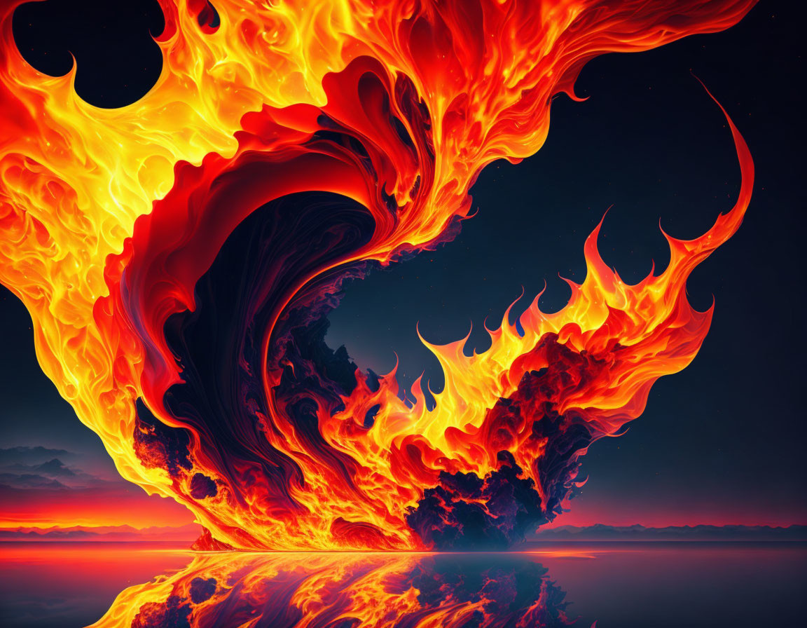 Digital art: Fiery wave with red and orange flames against dramatic sky