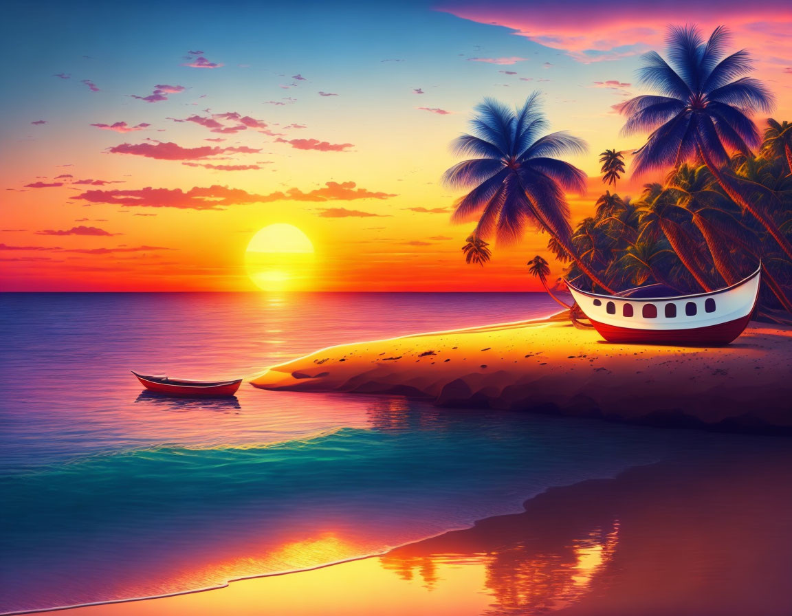 Tropical beach sunset with palm trees, boat, and calm ocean