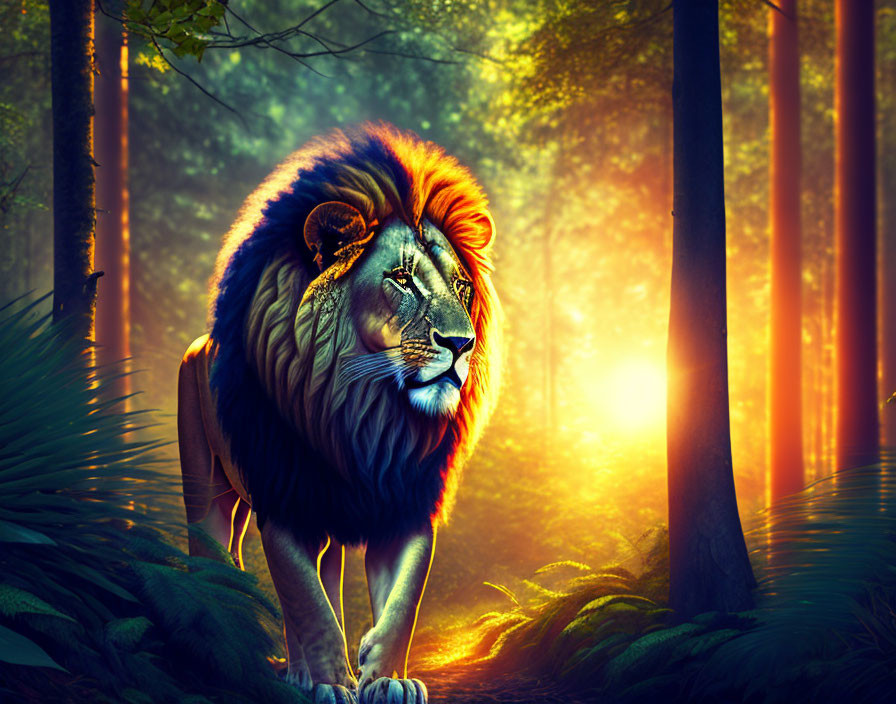 Majestic lion with lush mane in sun-dappled forest