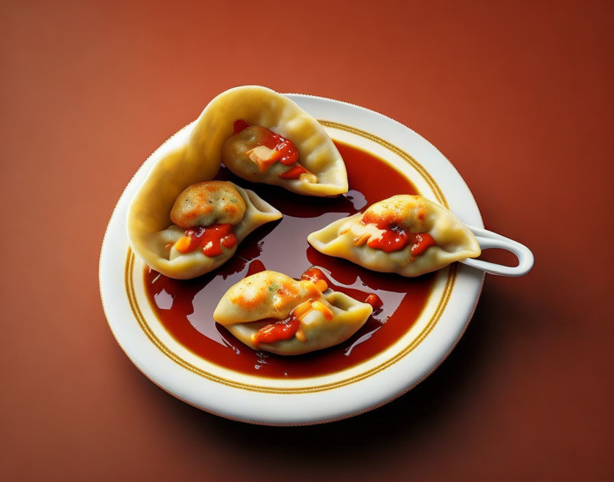 Five dumplings with red sauce on white plate - maroon background