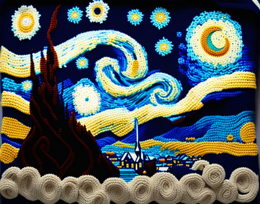 Colorful Beadwork Interpretation of Starry Night with Swirls and Crescent Moon