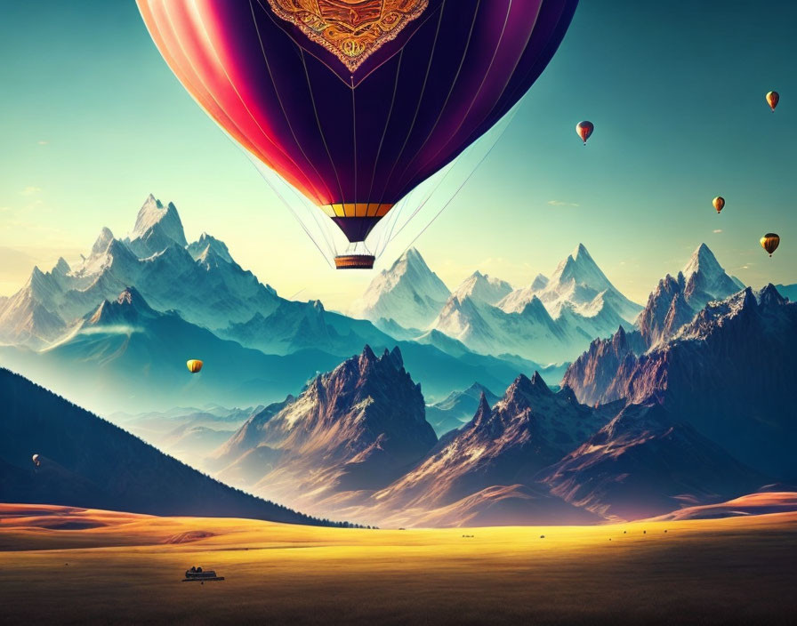 Snowy mountains and hot air balloons in serene landscape.