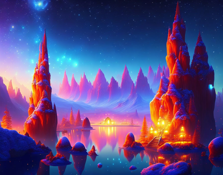 Twilight fantasy landscape with glowing orange trees and reflective lake