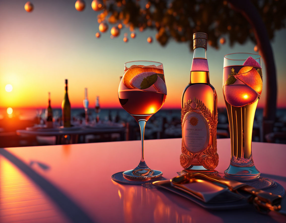 Table setting with two glasses of red wine, bottle, lime slice, sunset backdrop, and hanging lights