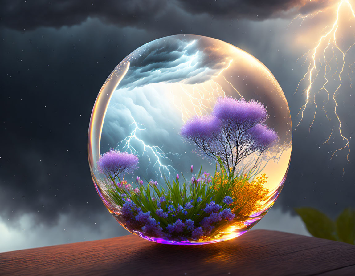 Transparent sphere with stormy landscape and lightning backdrop.