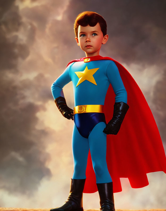 Colorful superhero costume boy against dramatic cloudy backdrop