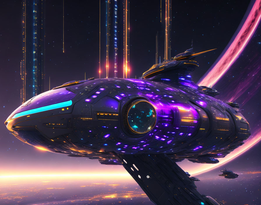 Futuristic spaceship with glowing purple and blue lights in cosmic space