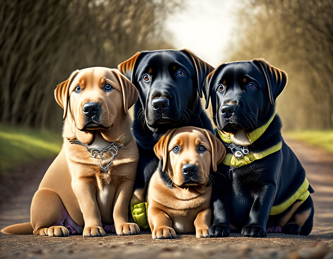 Three Puppies Sitting on Path with Trees: Two Black, One Tan