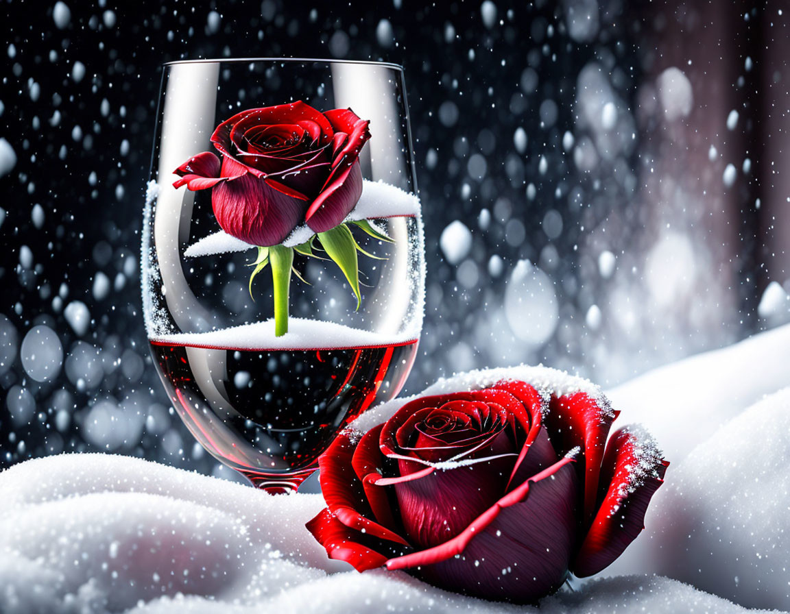 Red liquid in glass with blooming rose and snowy scene with falling snow.