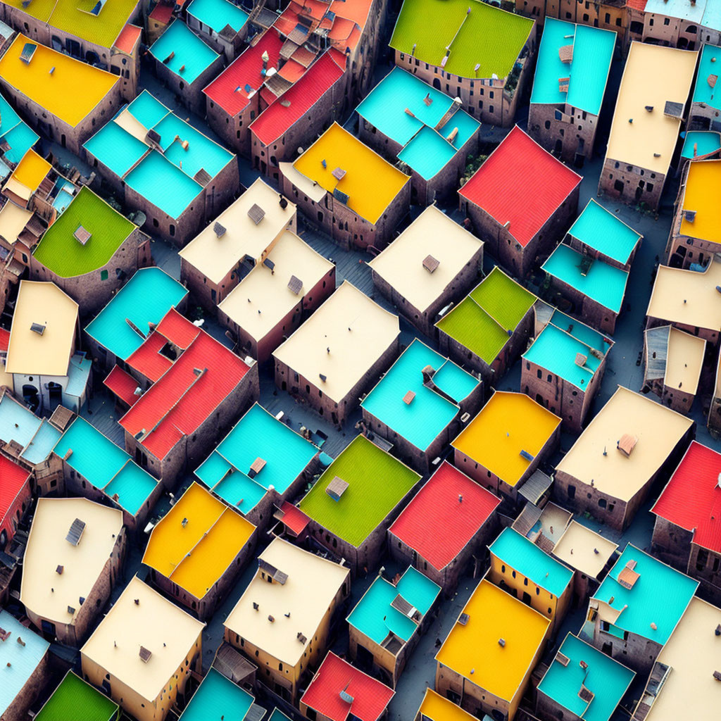 Colorful Housing Complex with Blue, Red, and Green Roofs