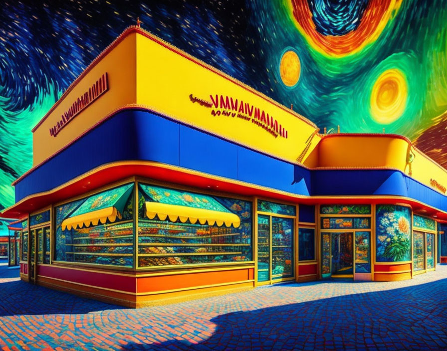 Surreal corner building with vibrant, Van Gogh-inspired skies